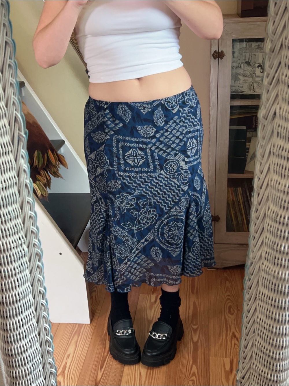 Vintage Blue Low Rise Midi Skirt Flowy Funky Floral Boho Fairy